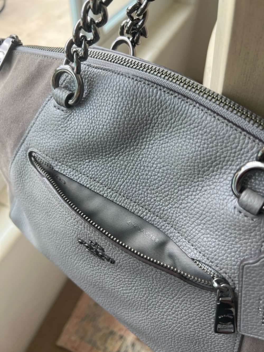 Coach -Gray Pebbled Leather Satchel with Suede and Chain Detail - Picture 6 of 17